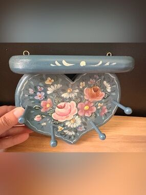 Hand-Painted Floral Wall Hook Rack/Shelf  in Blue with Pink Roses